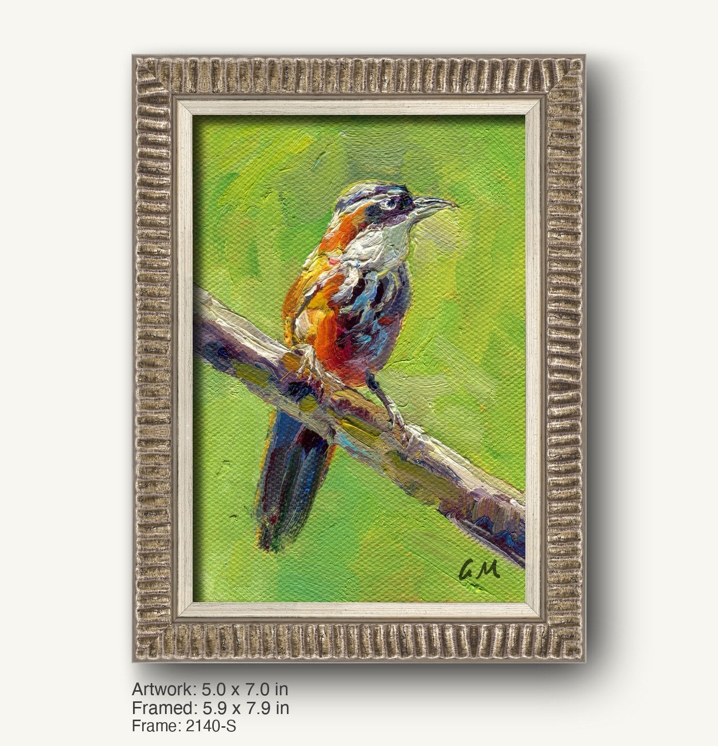Impressionist oil painting of a colorful bird perched on a branch, framed in a textured silver-gray ornate frame with vertical ridges, set against a soft green background