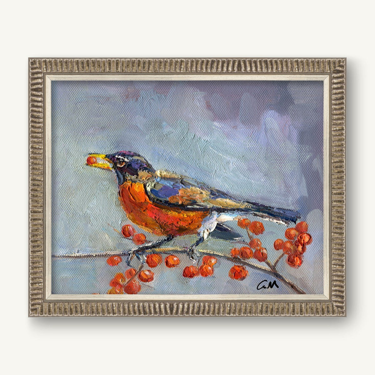 Framed oil painting of a robin perched on a branch with red berries, set against a soft blue-gray background, signed by the artist