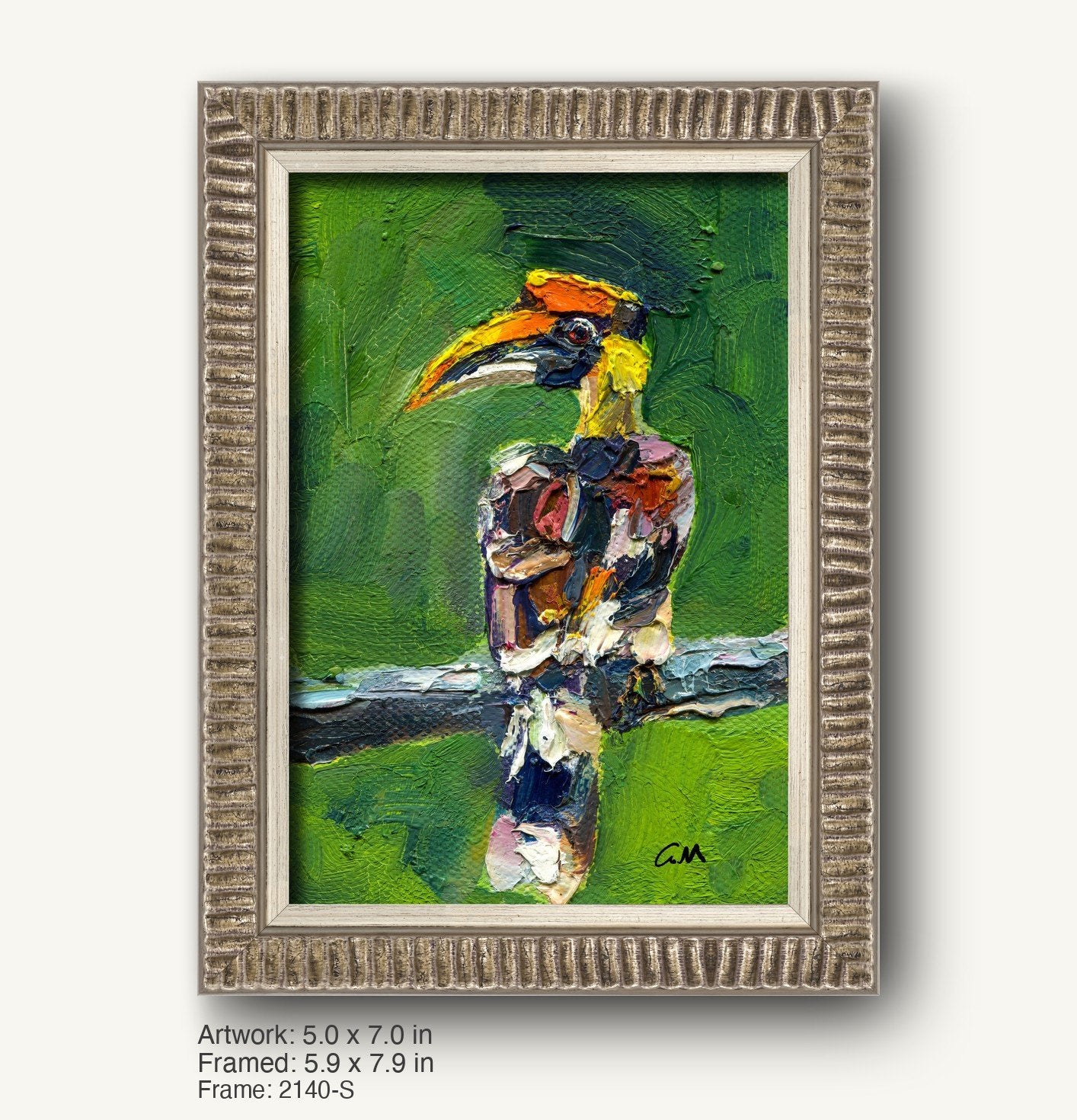 Vibrant oil painting of a toucan with textured brushwork in green, orange, and black, set in a rustic silver-gray frame with ribbed profile, displayed vertically.