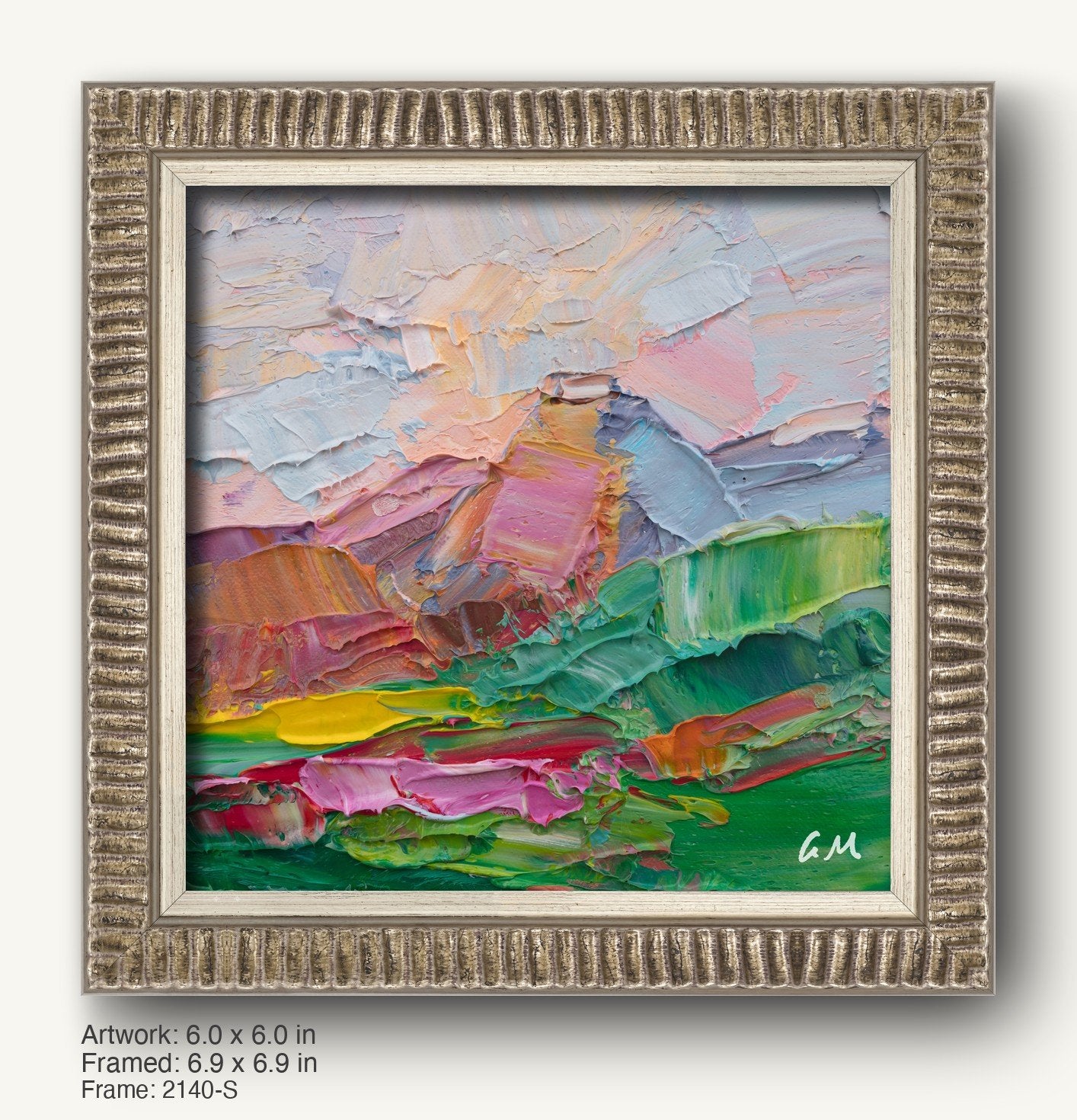 Abstract landscape oil painting in a textured silver frame, featuring vibrant green, pink, and white hues with expressive brushwork and initialed signature