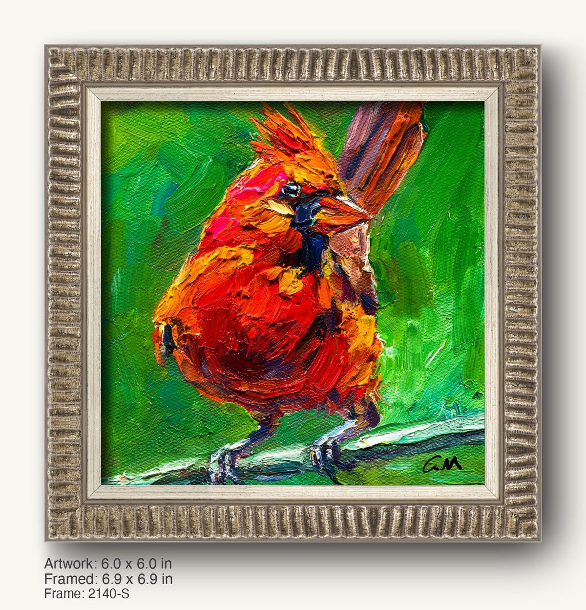 Vibrant oil painting of a red cardinal bird in impasto style, set in a textured silver-gray ornate frame with ribbed profile, against a green background