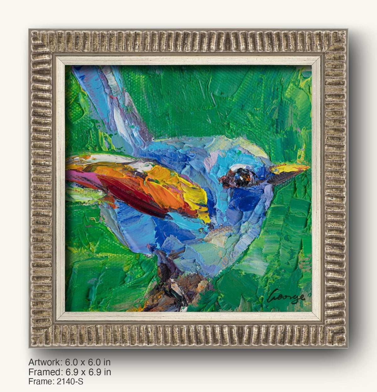 Vibrant abstract bird painting in a textured silver frame, featuring bold green, blue, and yellow hues on canvas, signed by artist George