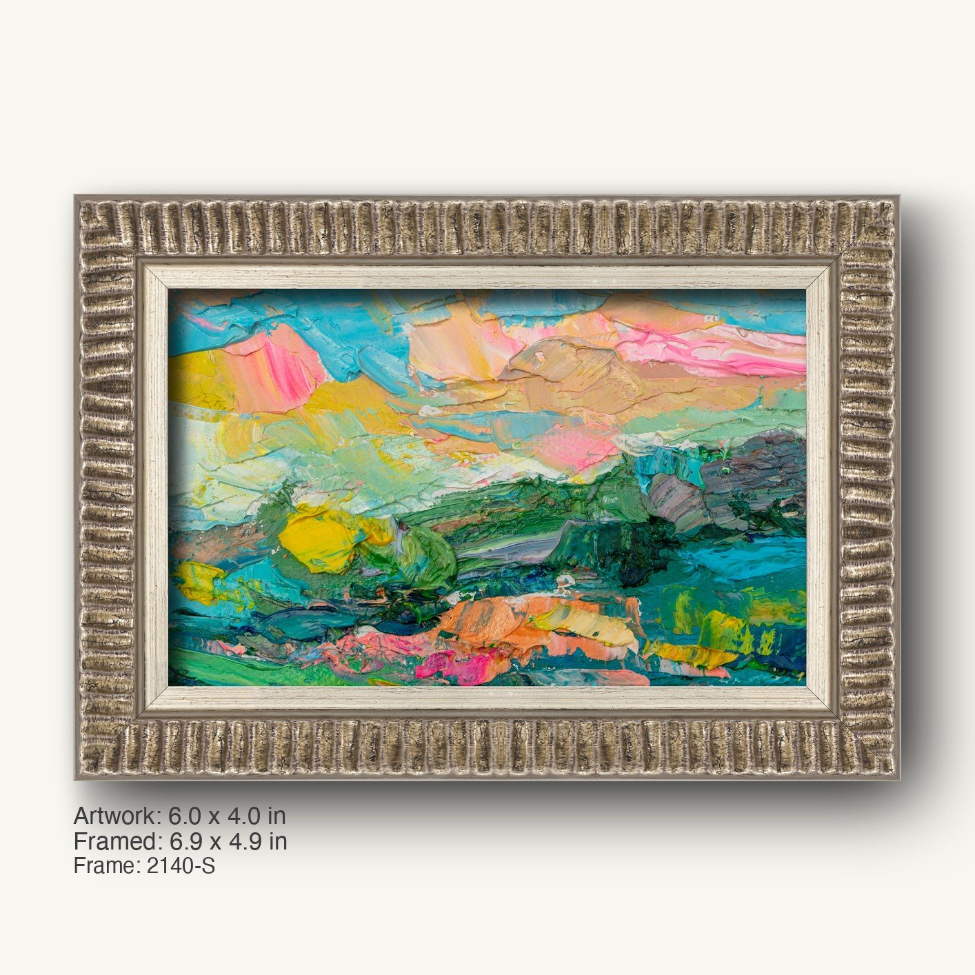 Hand-painted abstract landscape in a textured silver-gray ornate frame, featuring vibrant blues, greens, and yellows on canvas with thick impasto texture