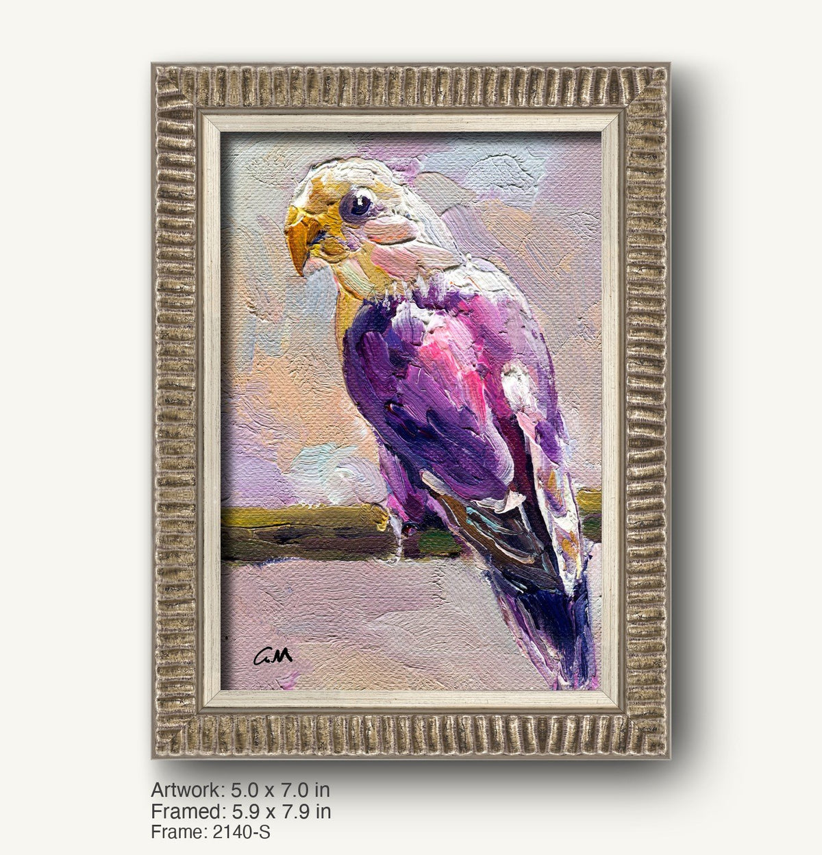 Vibrant oil painting of a purple parrot with textured brushwork, framed in a rustic silver-toned ornate frame with ribbed profile, displayed vertically against a neutral background.