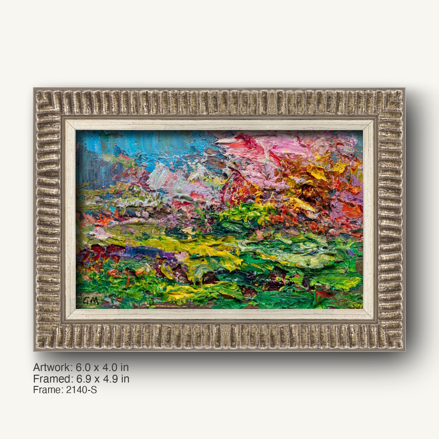 Abstract landscape oil painting with thick impasto texture in a textured silver-gray ornate frame, horizontal composition on canvas