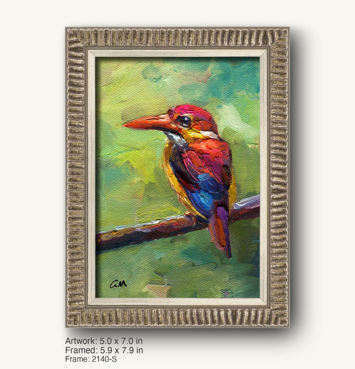 Vibrant oil painting of a kingfisher bird perched on a branch, framed in a textured silver-gray ornate frame with vertical ridges, set against a soft green background.