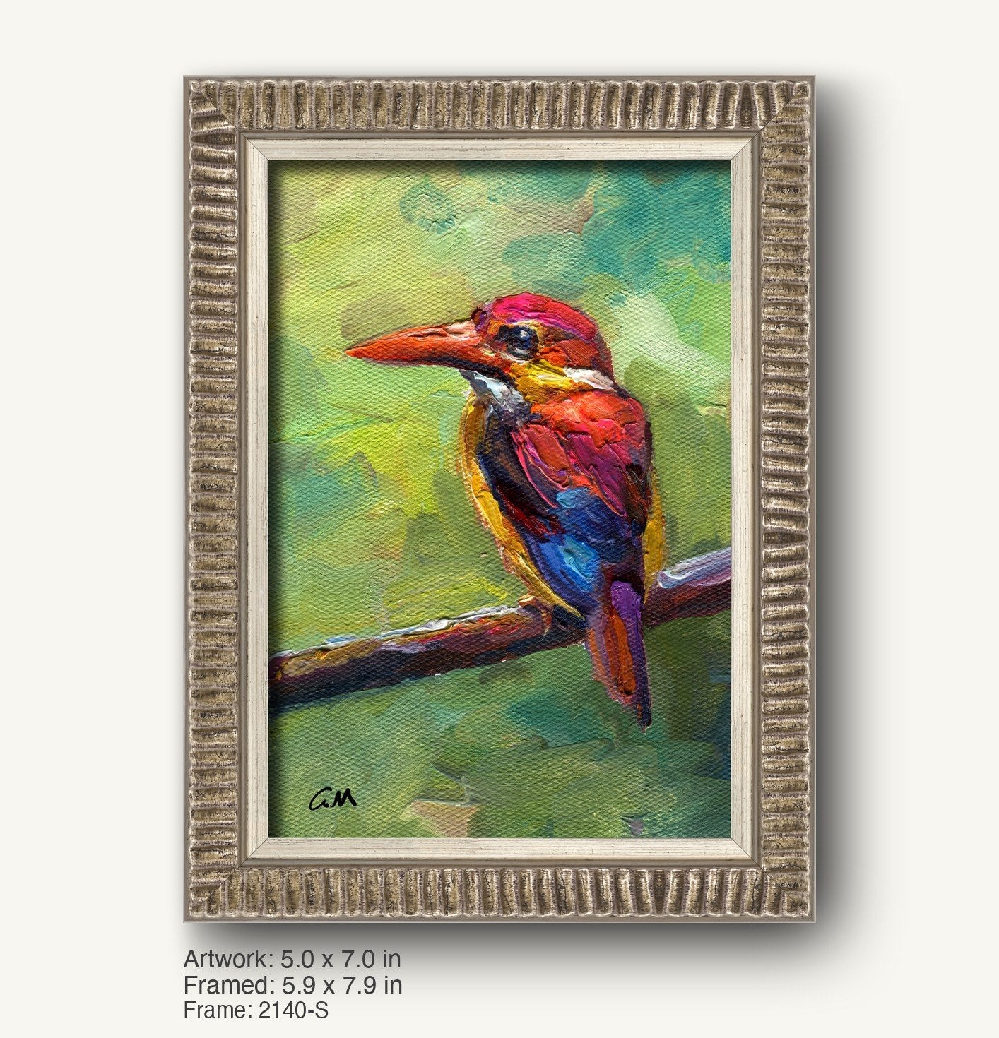 Vibrant oil painting of a kingfisher bird perched on a branch, framed in a textured silver-gray ornate frame with vertical ridges, set against a soft green background.