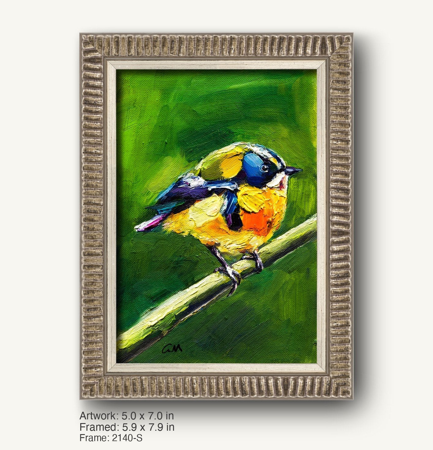 Vibrant hand-painted bird perched on a branch, framed in a textured silver-gray ornate frame with vertical ridges, set against a green background