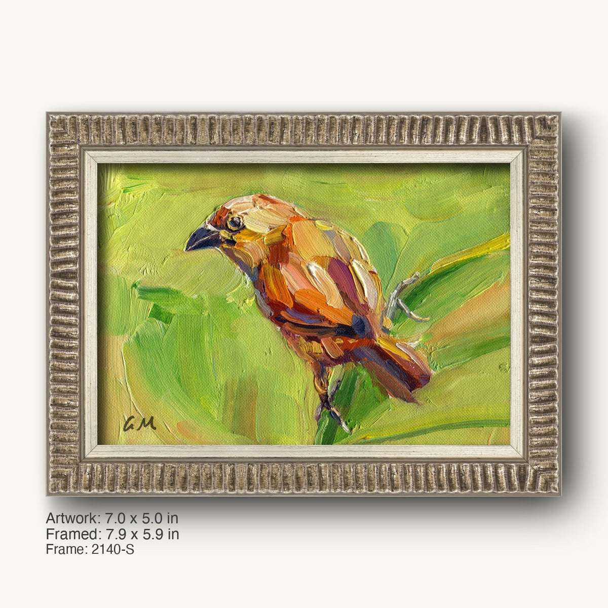 Oil painting of a bird in warm earth tones on canvas, framed in a textured silver-gray ornate frame with ribbed profile, set against a neutral background