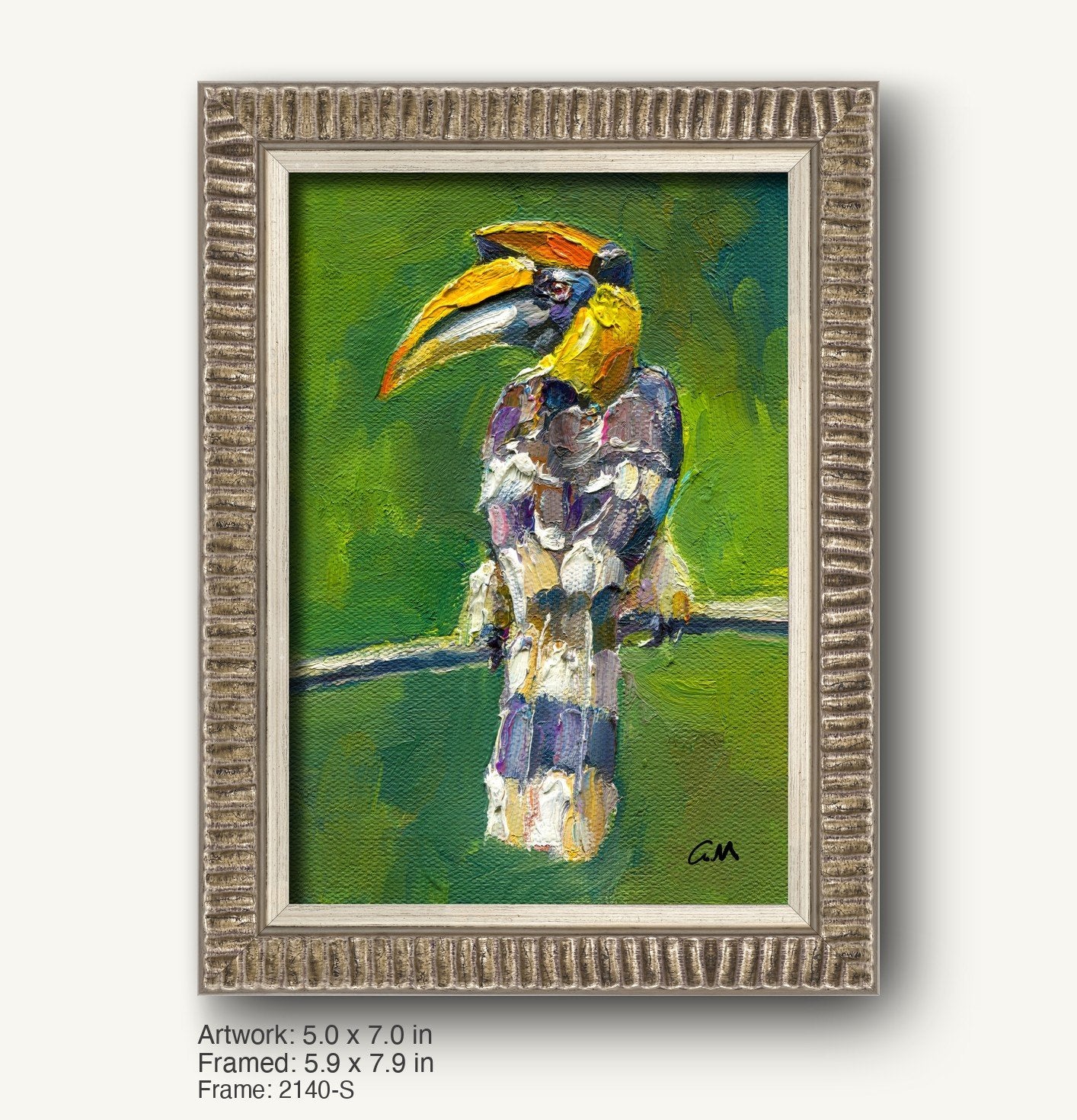 Vibrant oil painting of a toucan perched on a branch, framed in a textured silver-gray ornate frame with ribbed profile, set against a green background