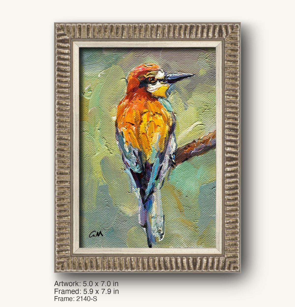 Vibrant oil painting of a woodpecker in warm orange, yellow, and green hues, framed in a textured silver-gray ornate frame with vertical ridges, set against a neutral background.