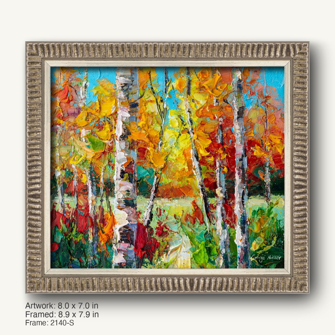 Vibrant autumn birch forest oil painting in a textured silver-gray ornate frame, vertical composition with bold yellow, red, and green hues