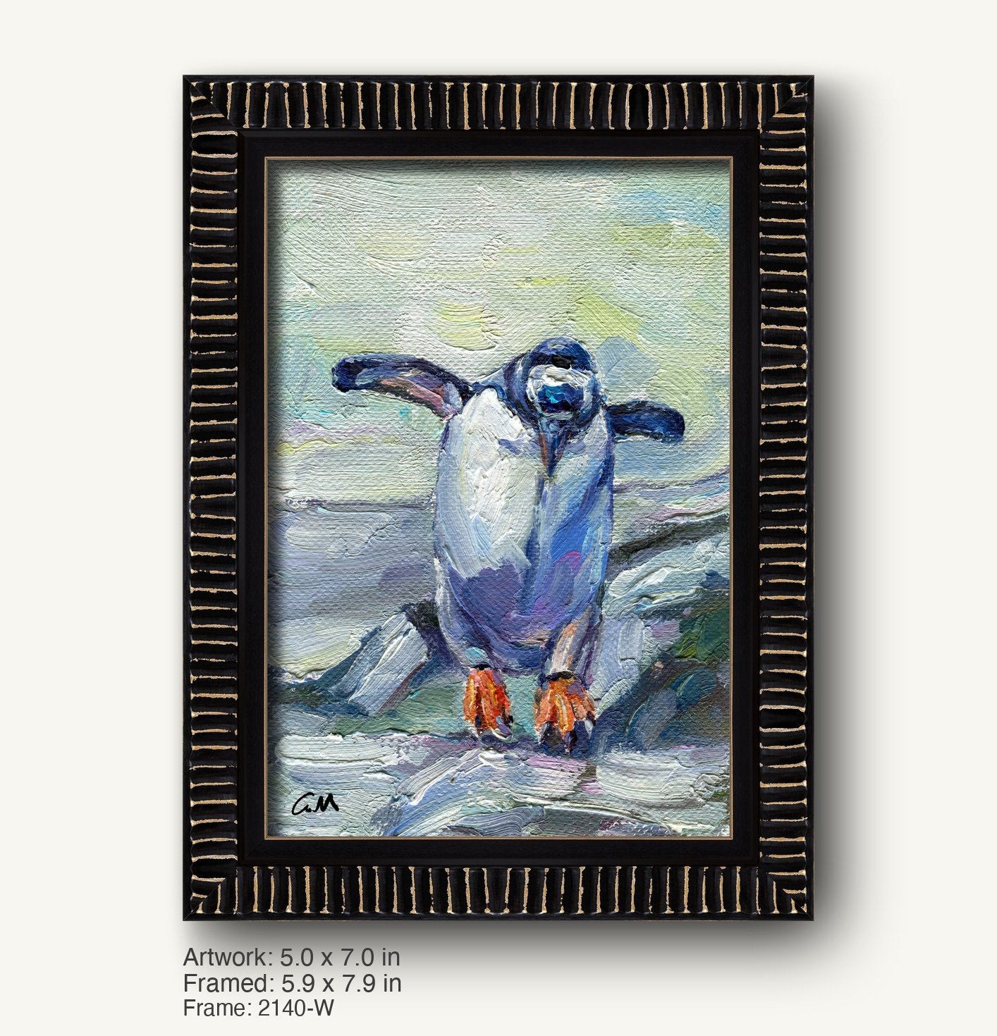 Abstract penguin oil painting in black textured frame with gold accents, vertical composition, signed by artist, displayed on light background