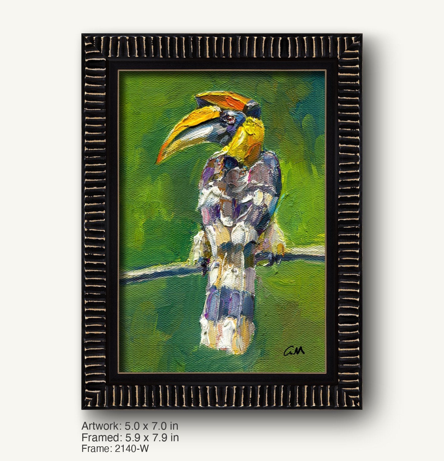 Vibrant oil painting of a toucan with bold yellow and green hues, set in a dark wood frame with textured vertical grooves, enhancing the expressive bird portrait.
