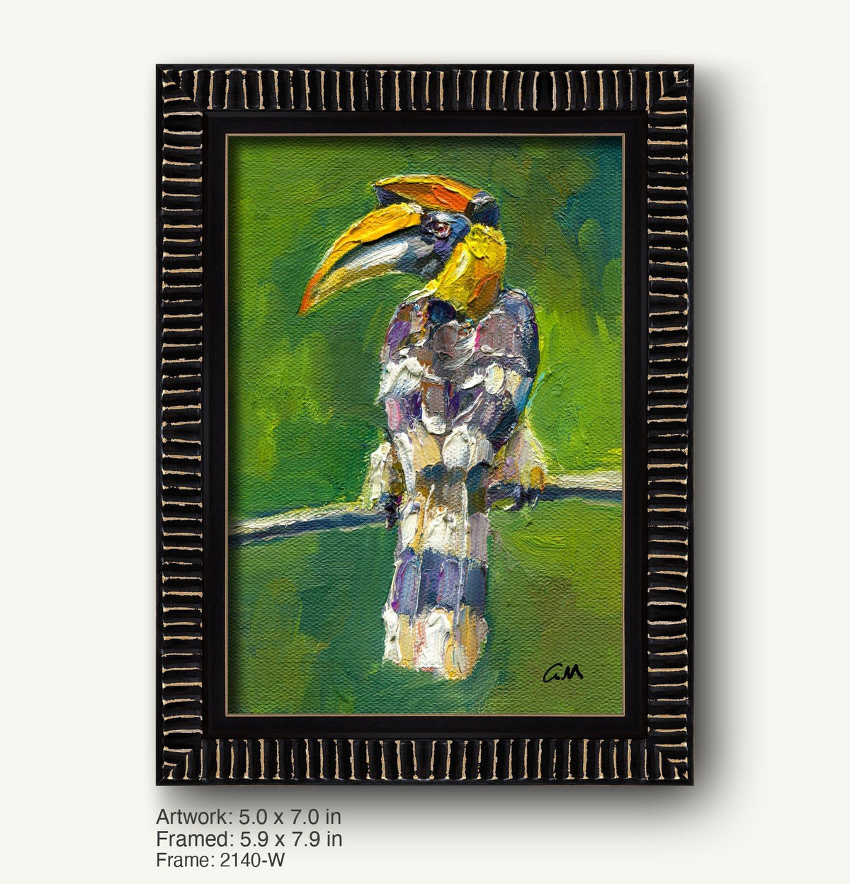 Vibrant oil painting of a toucan with bold yellow and green hues, set in a dark wood frame with textured vertical grooves, enhancing the expressive bird portrait.
