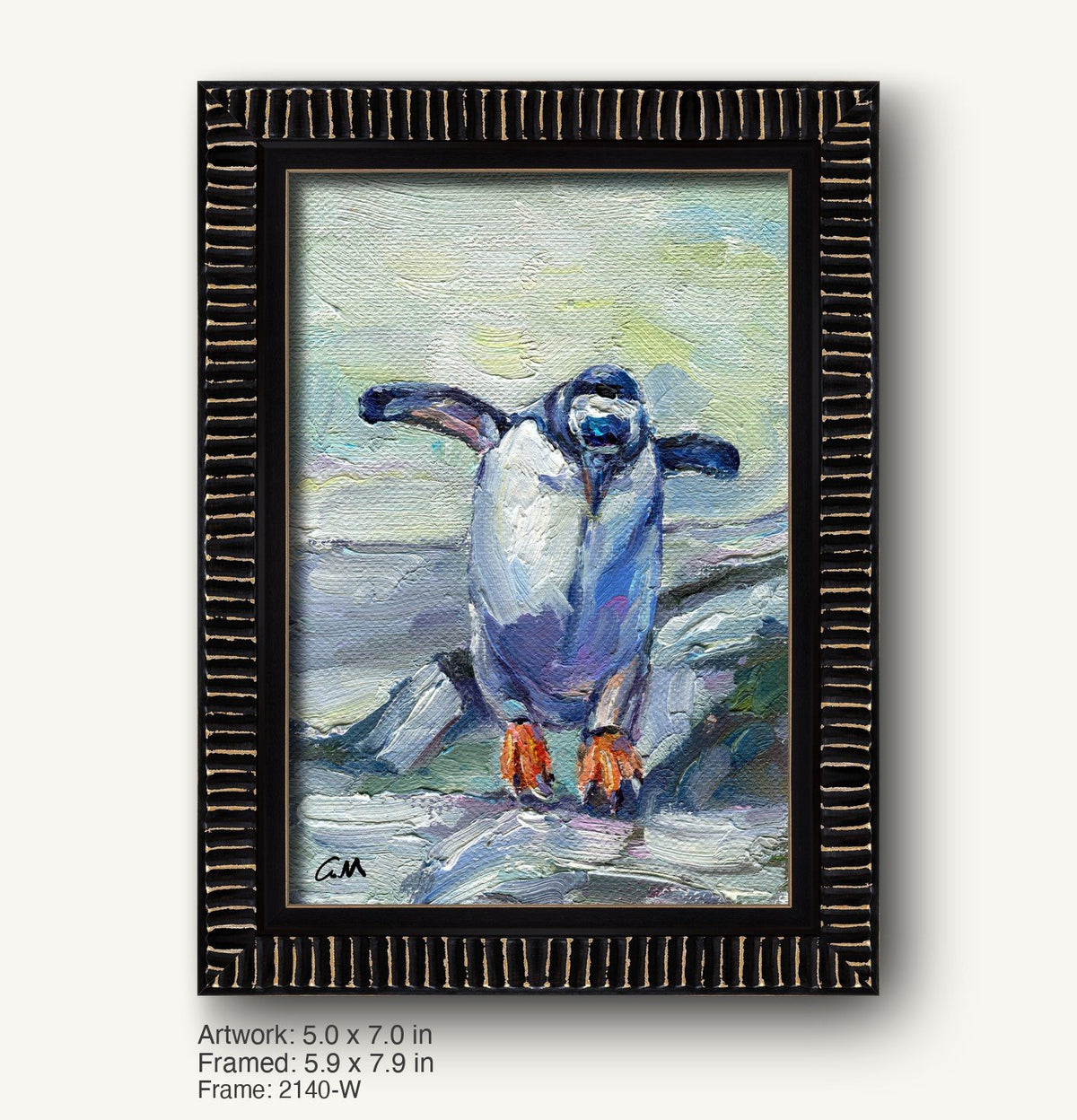Abstract penguin oil painting in black textured frame with gold accents, vertical composition, signed by artist, displayed on light background