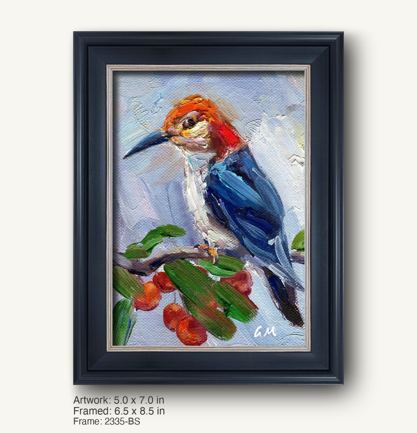 Hand-painted woodpecker oil painting in a dark wood frame, featuring vibrant blue, red, and green colors on canvas, initialed by artist, displayed vertically