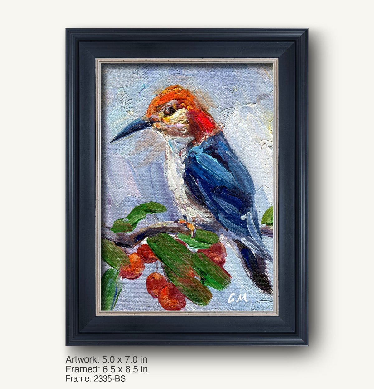 Hand-painted woodpecker oil painting in a dark wood frame, featuring vibrant blue, red, and green colors on canvas, initialed by artist, displayed vertically