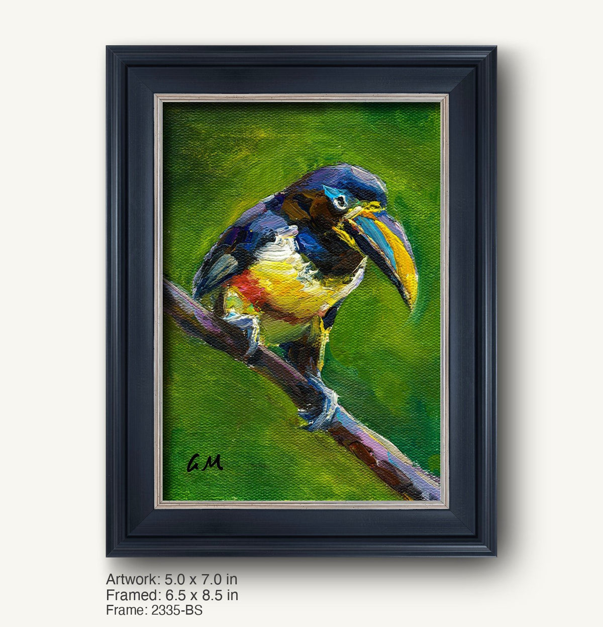 Hand-painted toucan portrait in dark wood frame, vibrant colors on canvas, bird perched on branch against green background, initialed by artist