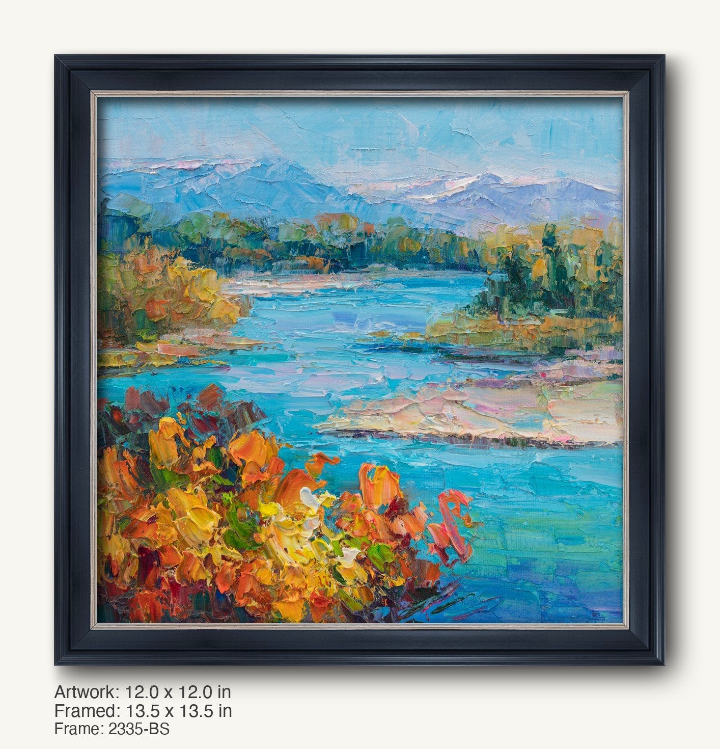 Impressionist lake scene oil painting in black frame with silver inner edge, featuring vibrant blue water, orange flowers, and distant mountains on canvas