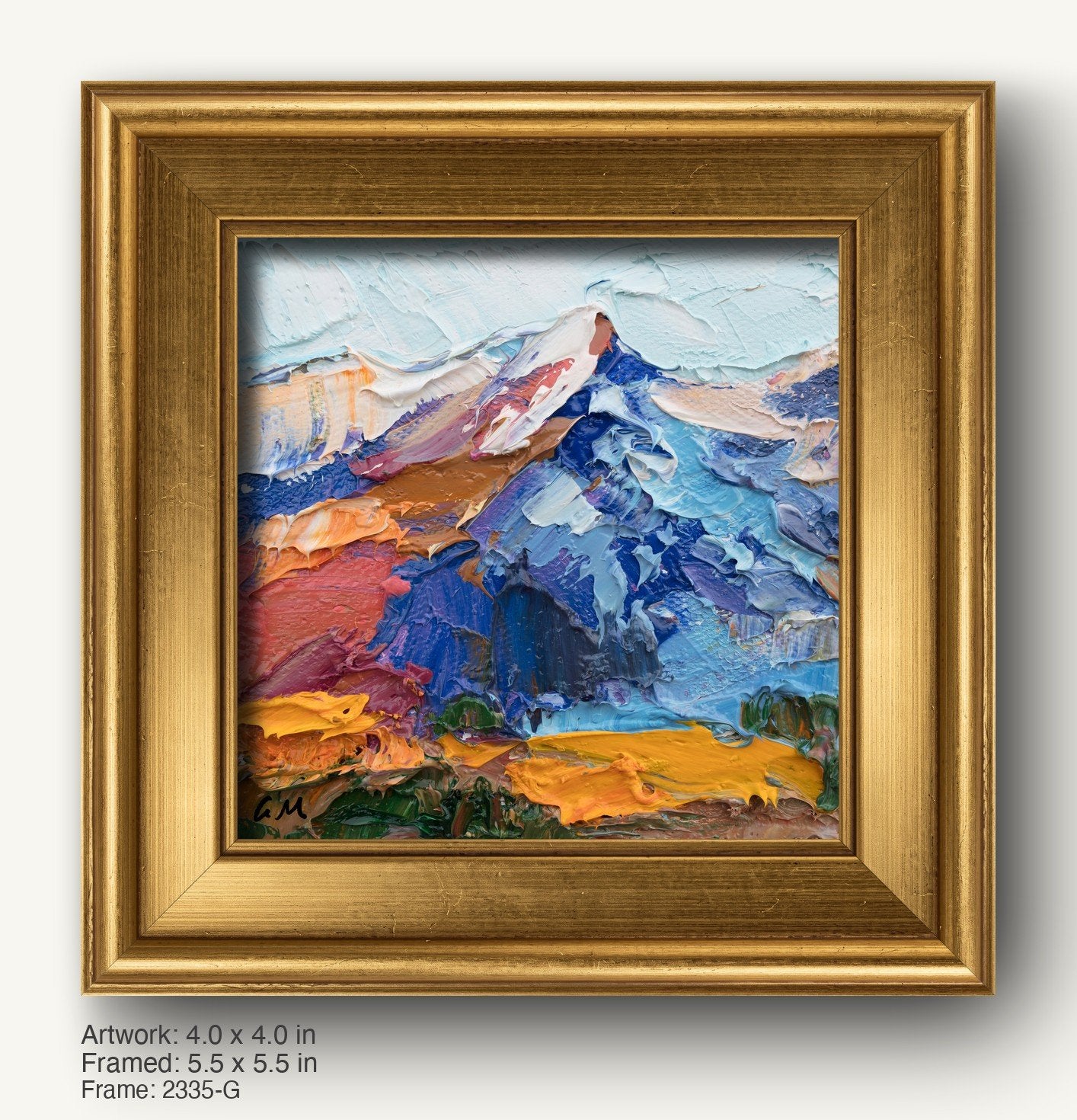 Abstract mountain landscape oil painting in warm gold ornate frame, vibrant blues, reds, and yellows on canvas, signed by artist