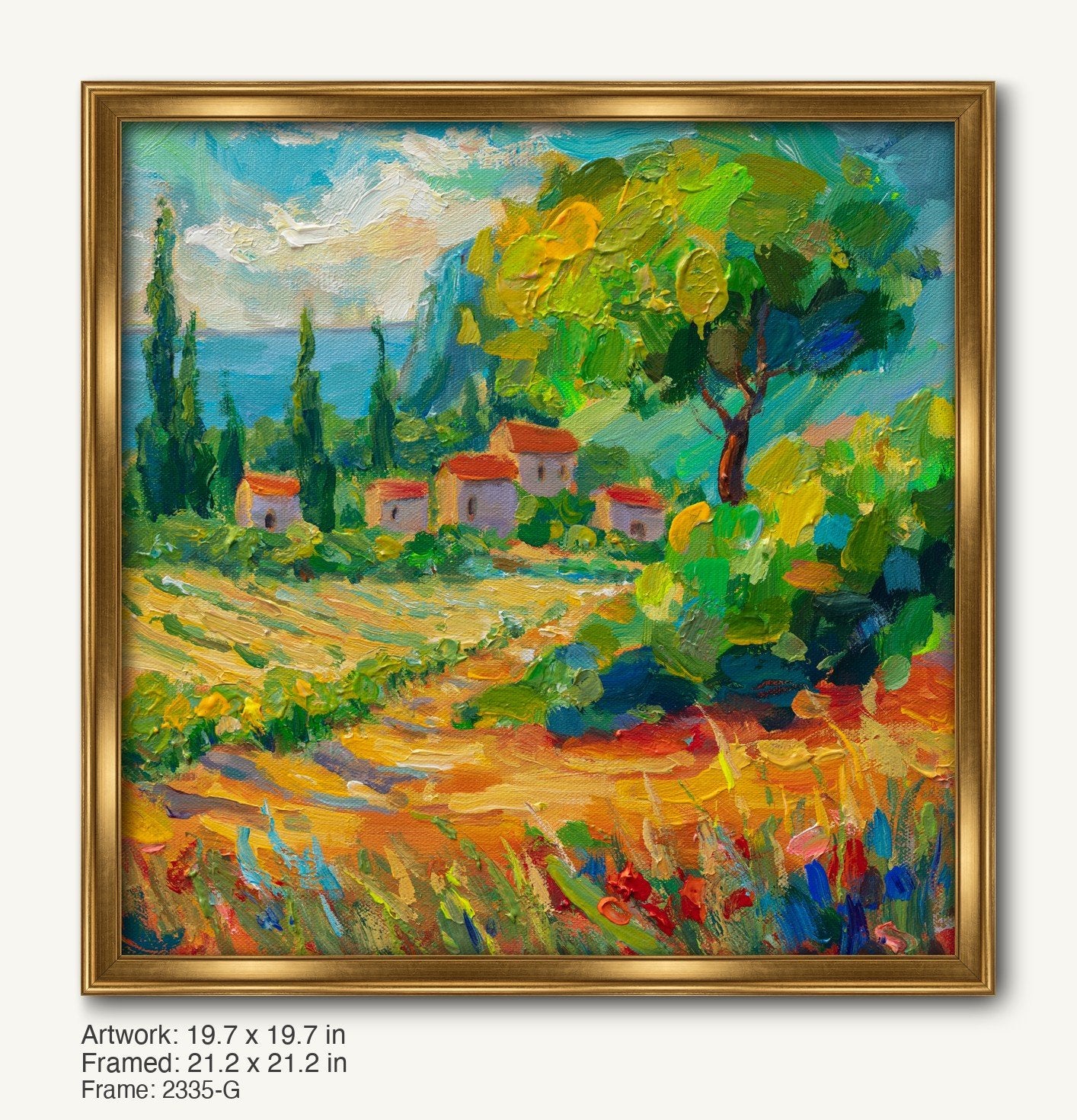 Vibrant Mediterranean village landscape oil painting in a warm gold ornate frame, featuring rolling hills, olive trees, and coastal views with textured brushwork