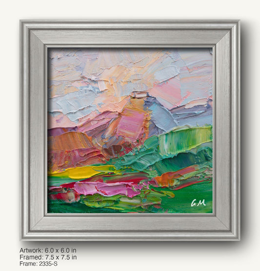 Abstract landscape oil painting in cool silver frame, 6x6 in canvas with textured green, pink, and white hues, initialed by artist