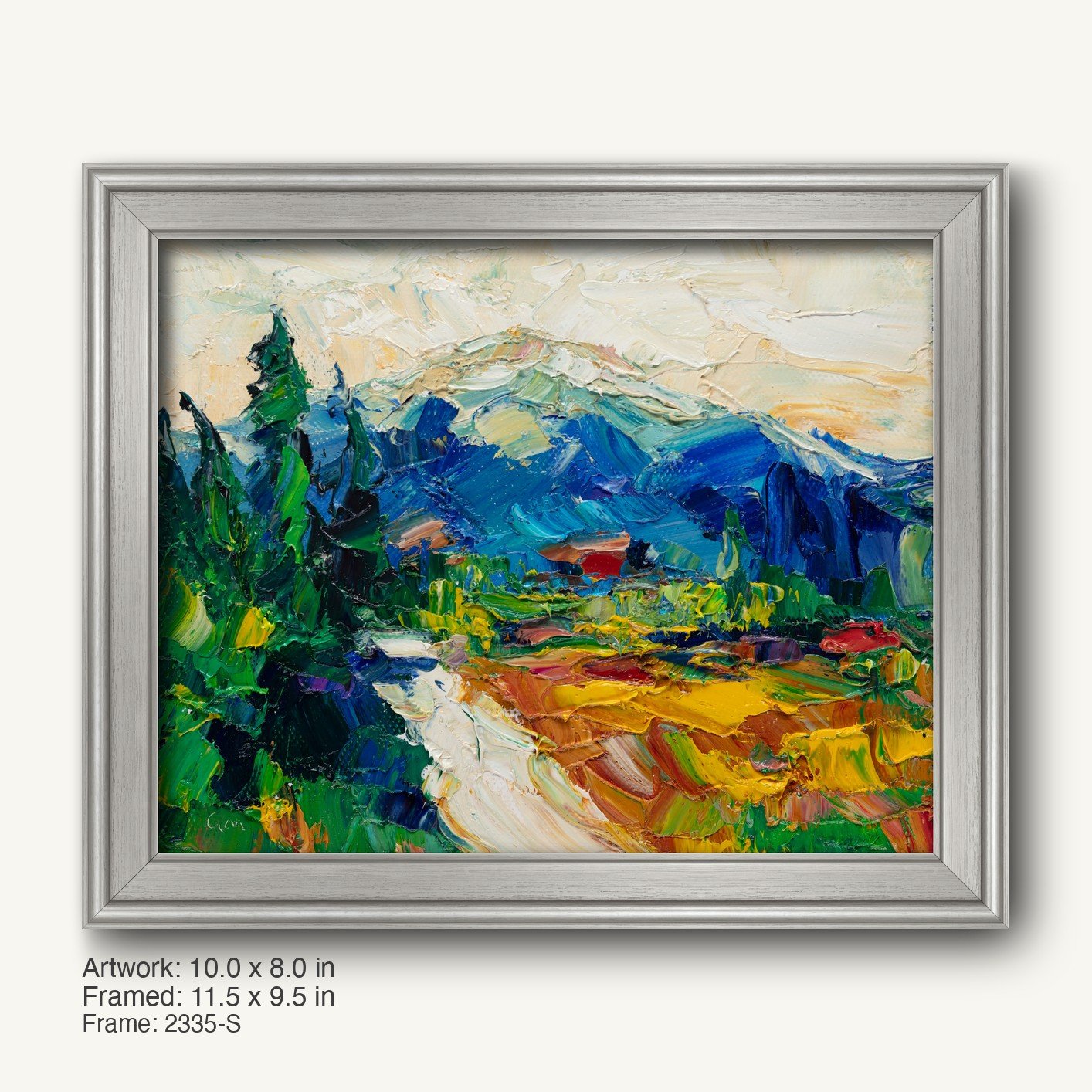 Vibrant oil painting of a mountain valley landscape in a cool silver frame, featuring bold greens, blues, and yellows with textured brushwork and a signed artist signature