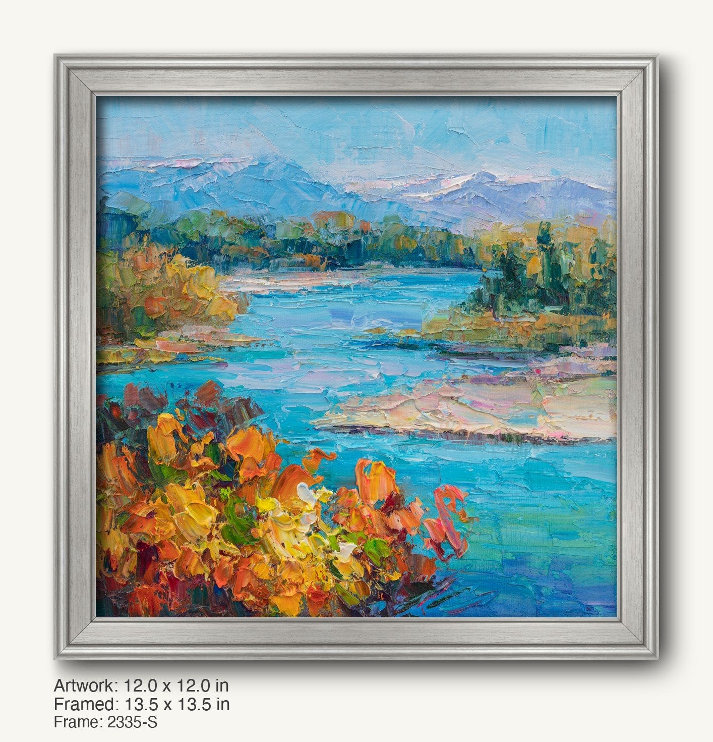 Impressionist lake scene painting with vibrant blue water, autumnal foliage, and distant mountains, displayed in a cool silver modern slim frame