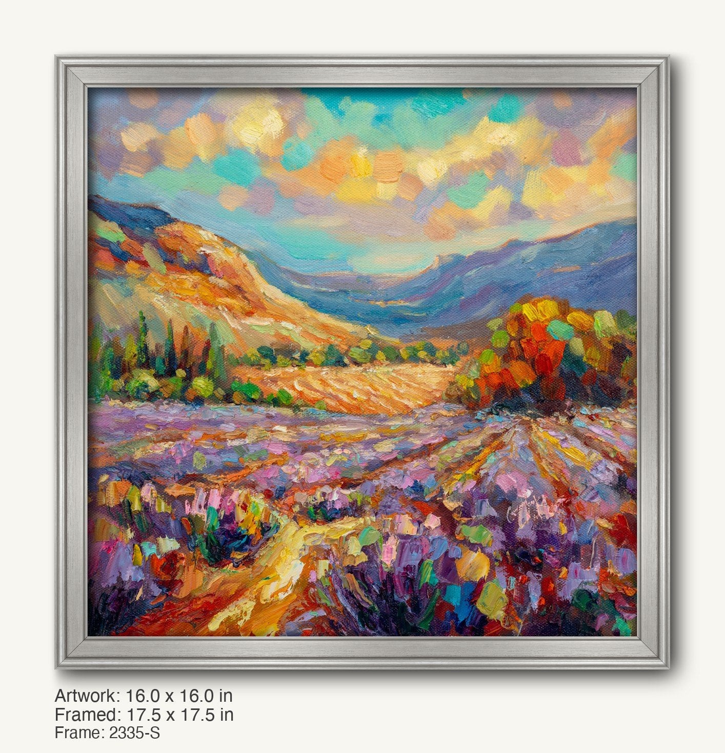 Lavender field landscape painting in cool silver frame, vibrant purple and blue hues with textured impasto oil technique, framed artwork on canvas