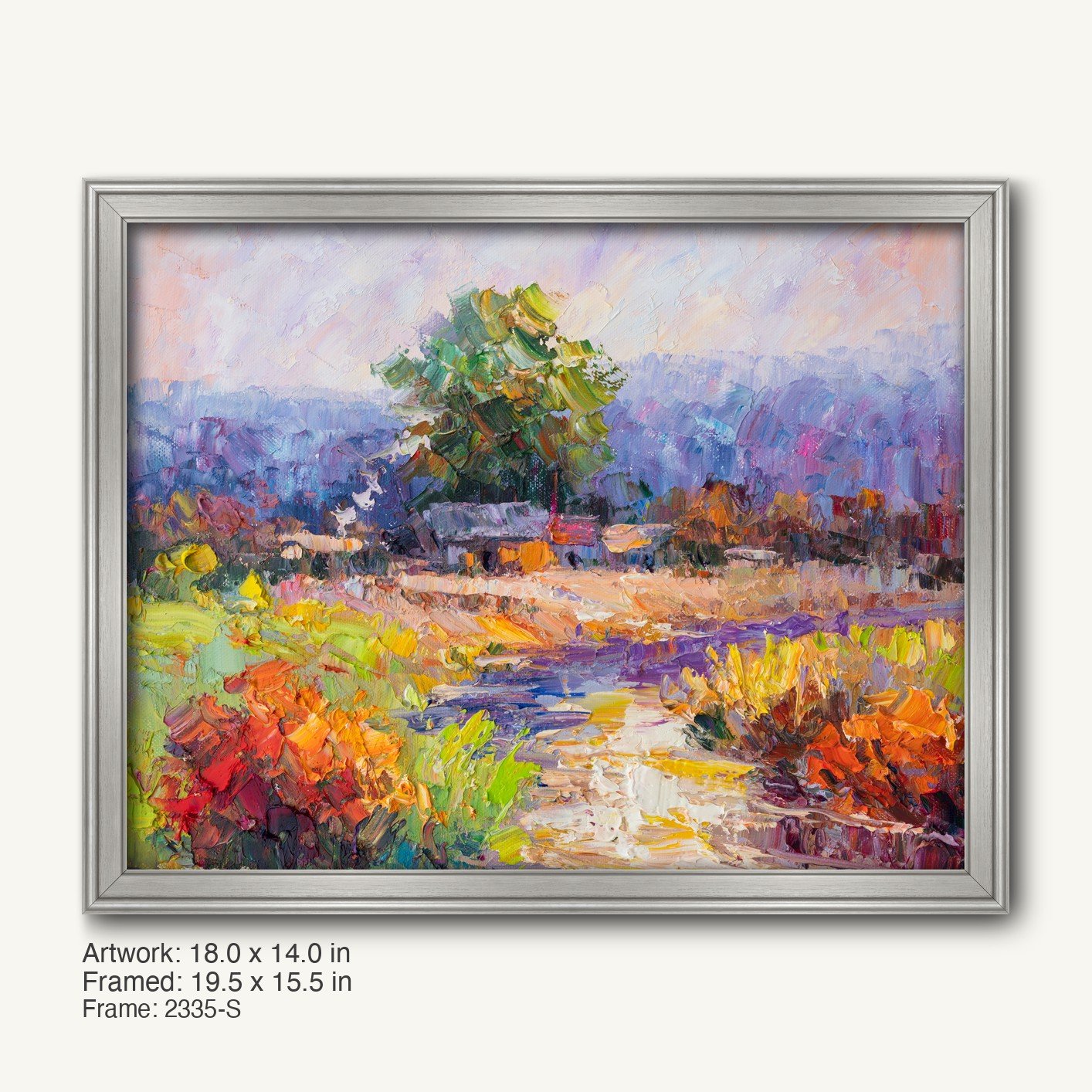 Impressionist landscape oil painting with vibrant garden pathway, framed in sleek silver modern slim frame, showcasing textured brushwork and warm colors