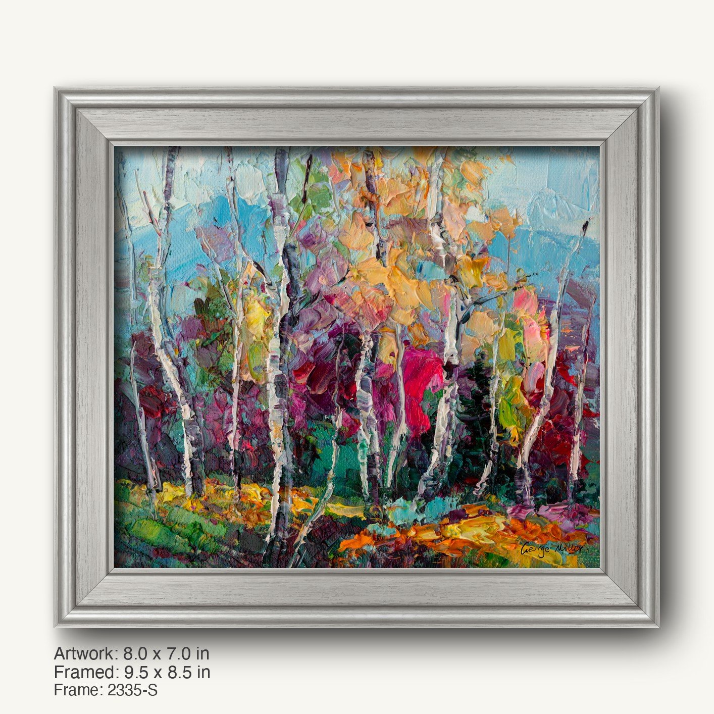 Vibrant birch forest oil painting in a cool silver classic frame, vertical composition with textured impasto brushwork and bold colors