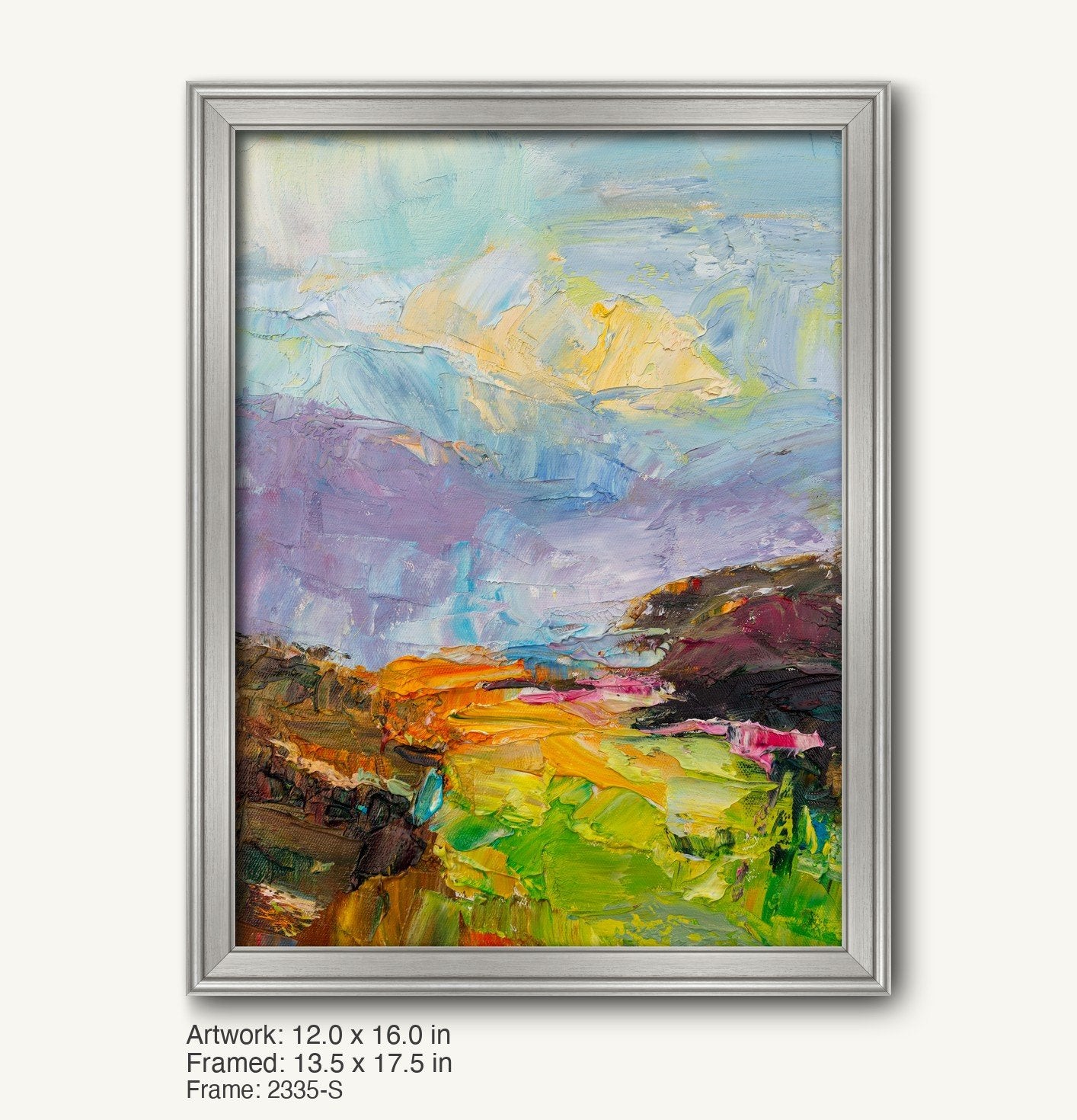 Vertical abstract landscape oil painting with bold palette knife textures in blue, green, and yellow hues, displayed in a sleek silver modern slim frame