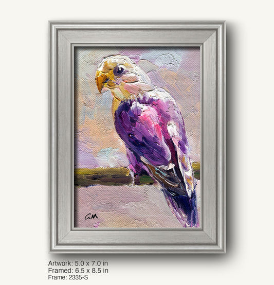 Purple parrot oil painting in a silver-toned, modern slim frame with textured brushwork and vibrant colors on canvas