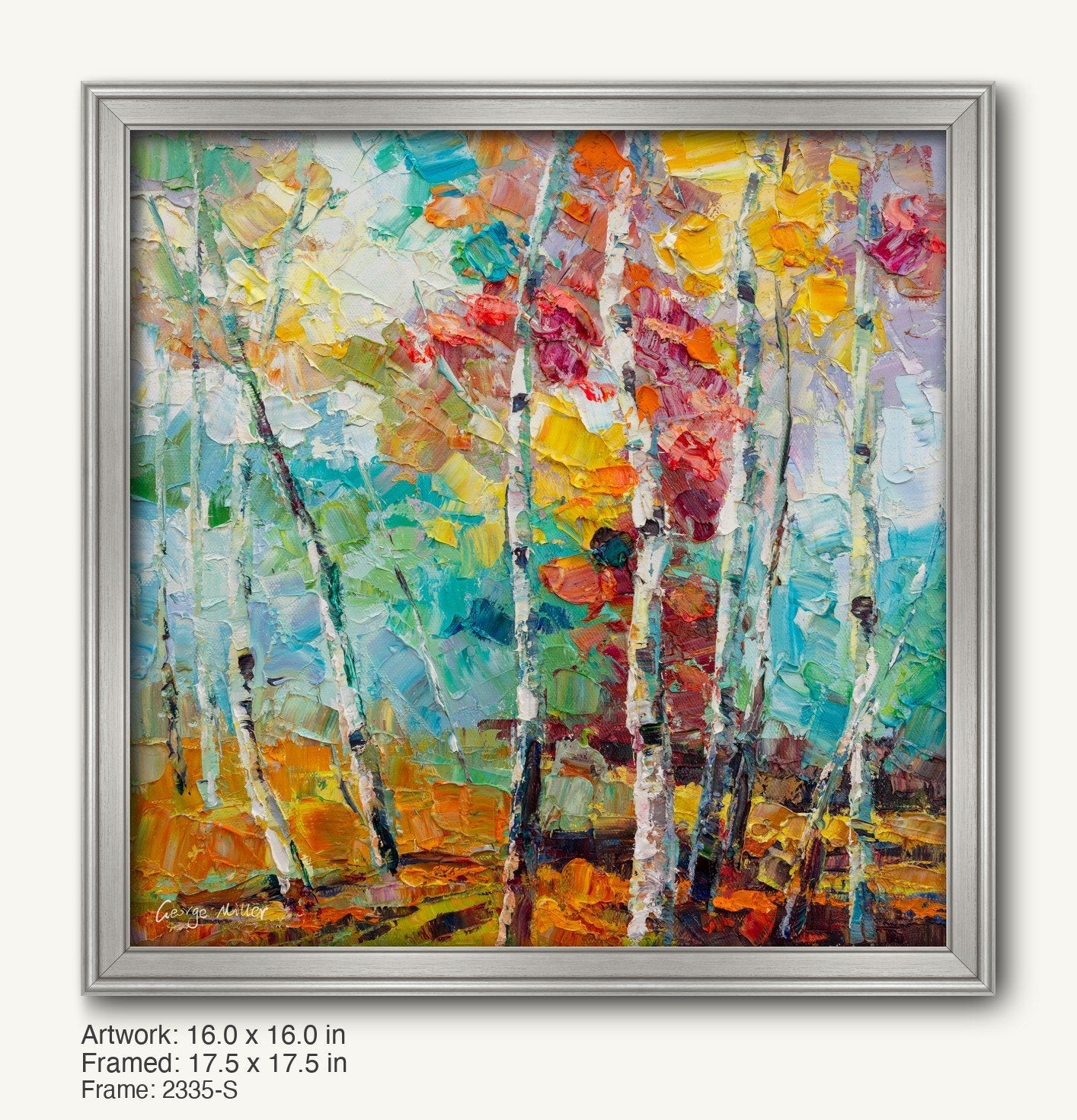 Colorful aspen trees in autumn light, painted in vibrant oil on canvas, framed in a modern slim silver frame with clean edges and subtle texture