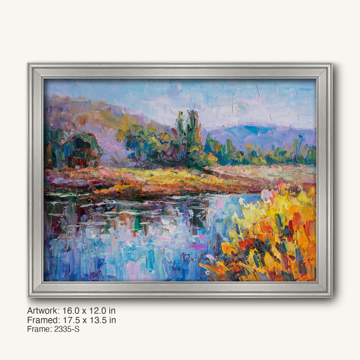 Impasto oil painting of a river landscape with vibrant reflections, framed in a sleek silver modern slim frame, horizontal composition on canvas