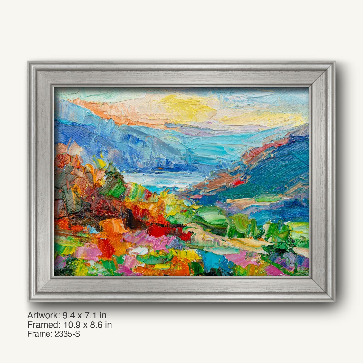 Vibrant mountain valley landscape oil painting in a cool silver modern slim frame, horizontal composition with bold colors and textured brushwork