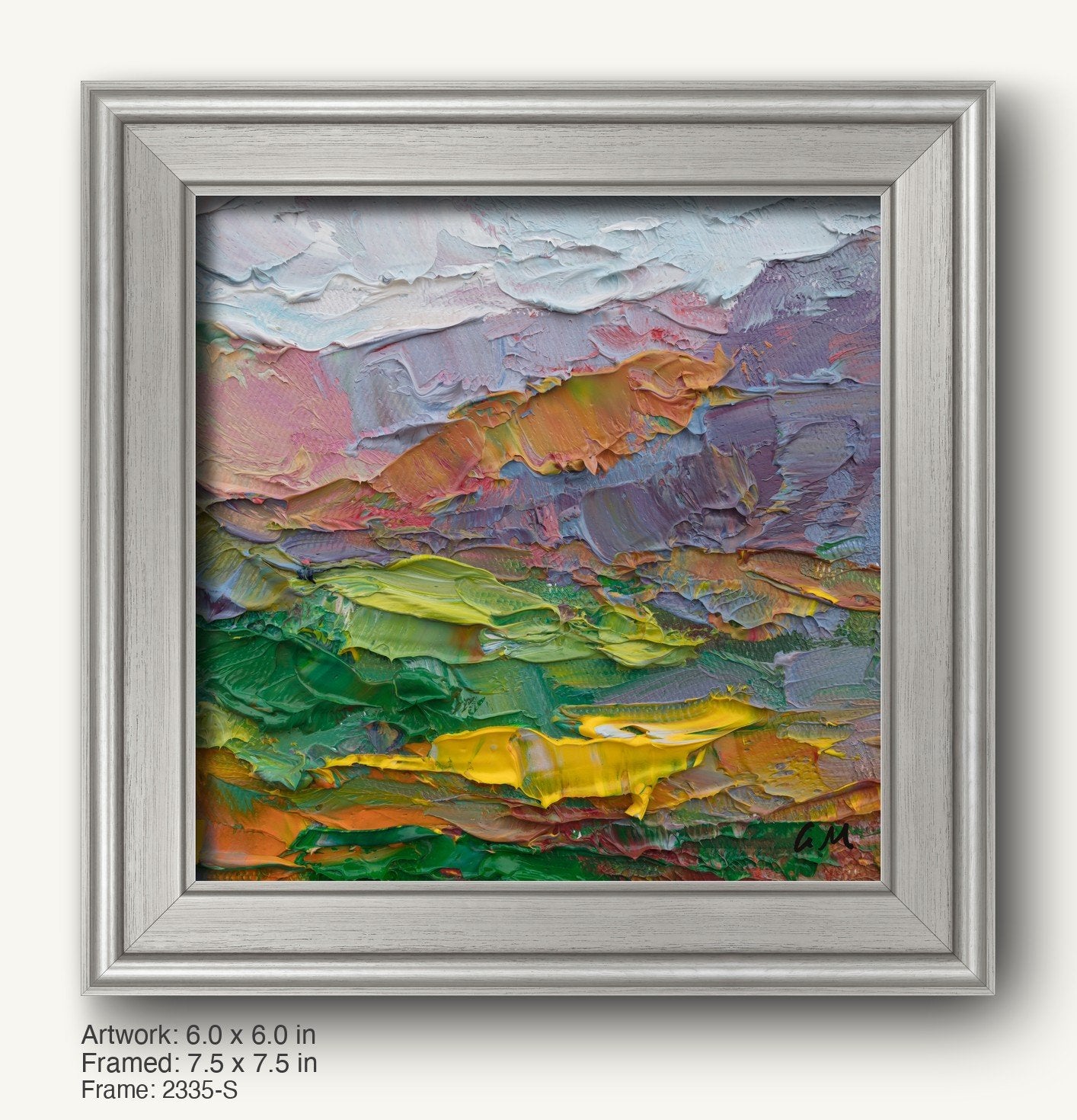 Abstract landscape oil painting with thick impasto texture in green, yellow, and blue hues, presented in a modern slim silver frame with subtle wood grain finish