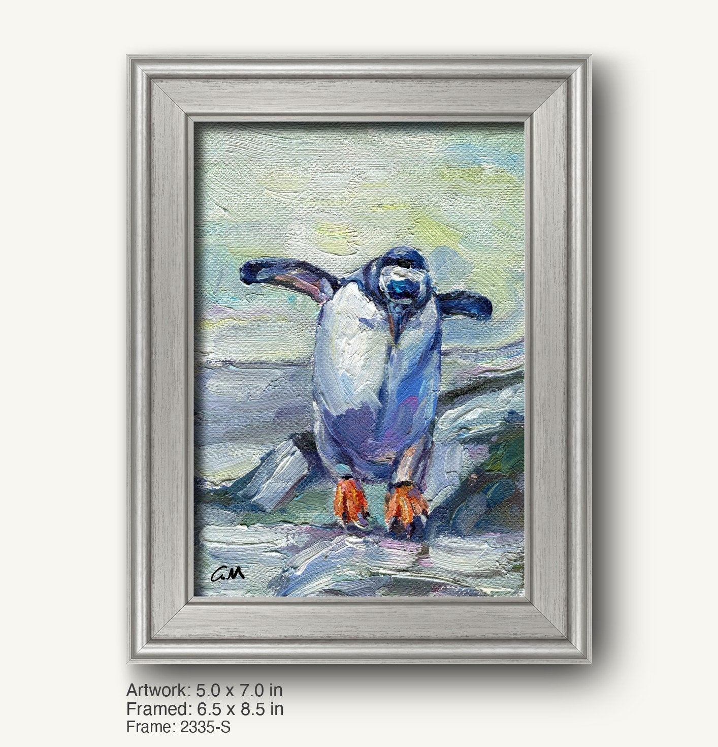 Abstract penguin oil painting in a cool silver modern slim frame, vertical composition with textured brushwork and vibrant blue, white, and orange tones