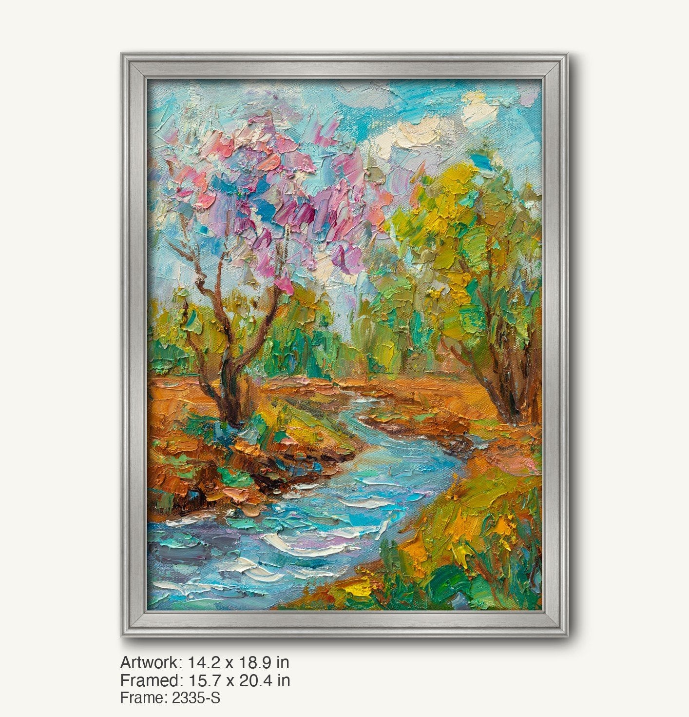 Vertical oil painting of a spring stream with blooming trees in a cool silver modern slim frame, showcasing vibrant blues, greens, and pinks on canvas