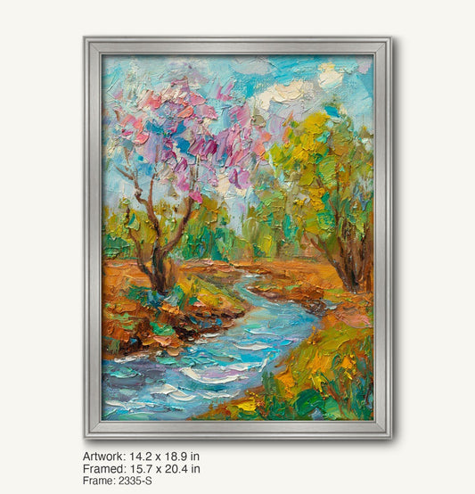 Vertical oil painting of a spring stream with blooming trees in a cool silver modern slim frame, showcasing vibrant blues, greens, and pinks on canvas