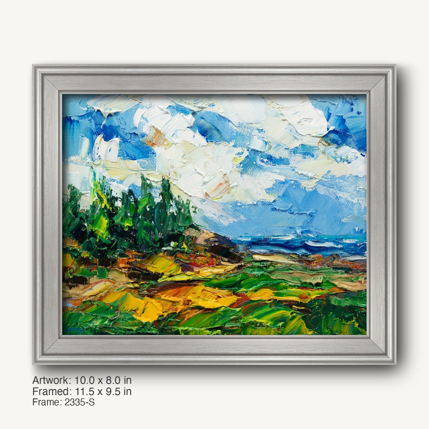 Coastal landscape oil painting with thick impasto texture in a cool silver modern slim frame, featuring blue sky, green trees, and yellow fields on canvas
