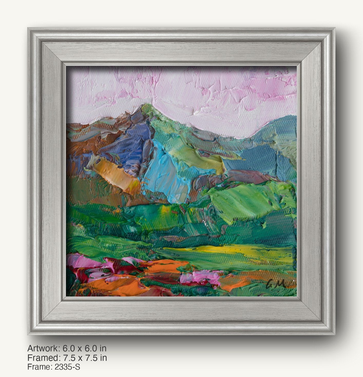 Hand-painted mountain landscape in a modern slim silver frame, featuring vibrant green, blue, and pink hues with textured oil brushwork on canvas