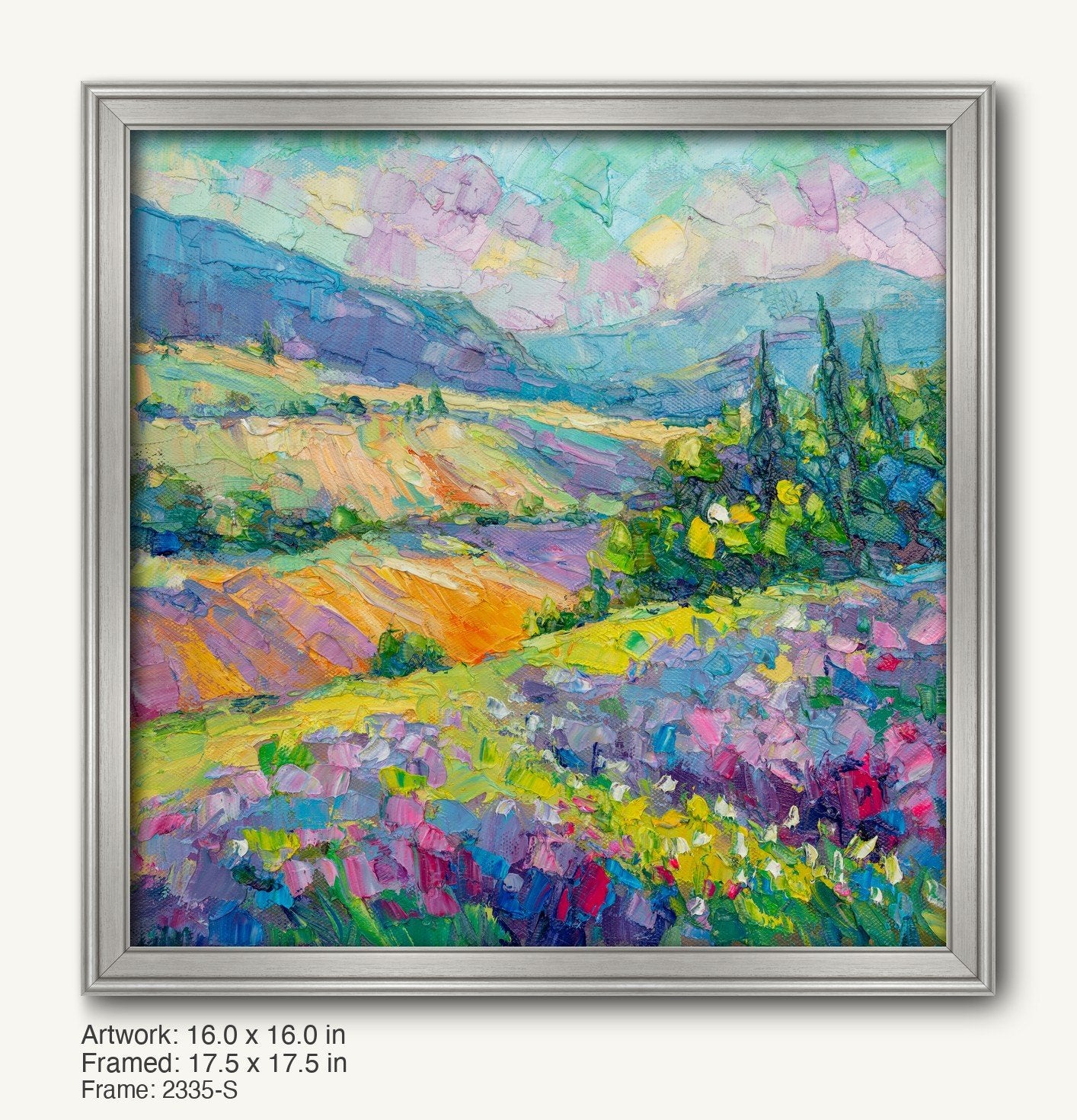 Serene pastoral landscape oil painting in a cool silver modern slim frame, featuring vibrant fields and distant mountains with textured brushwork