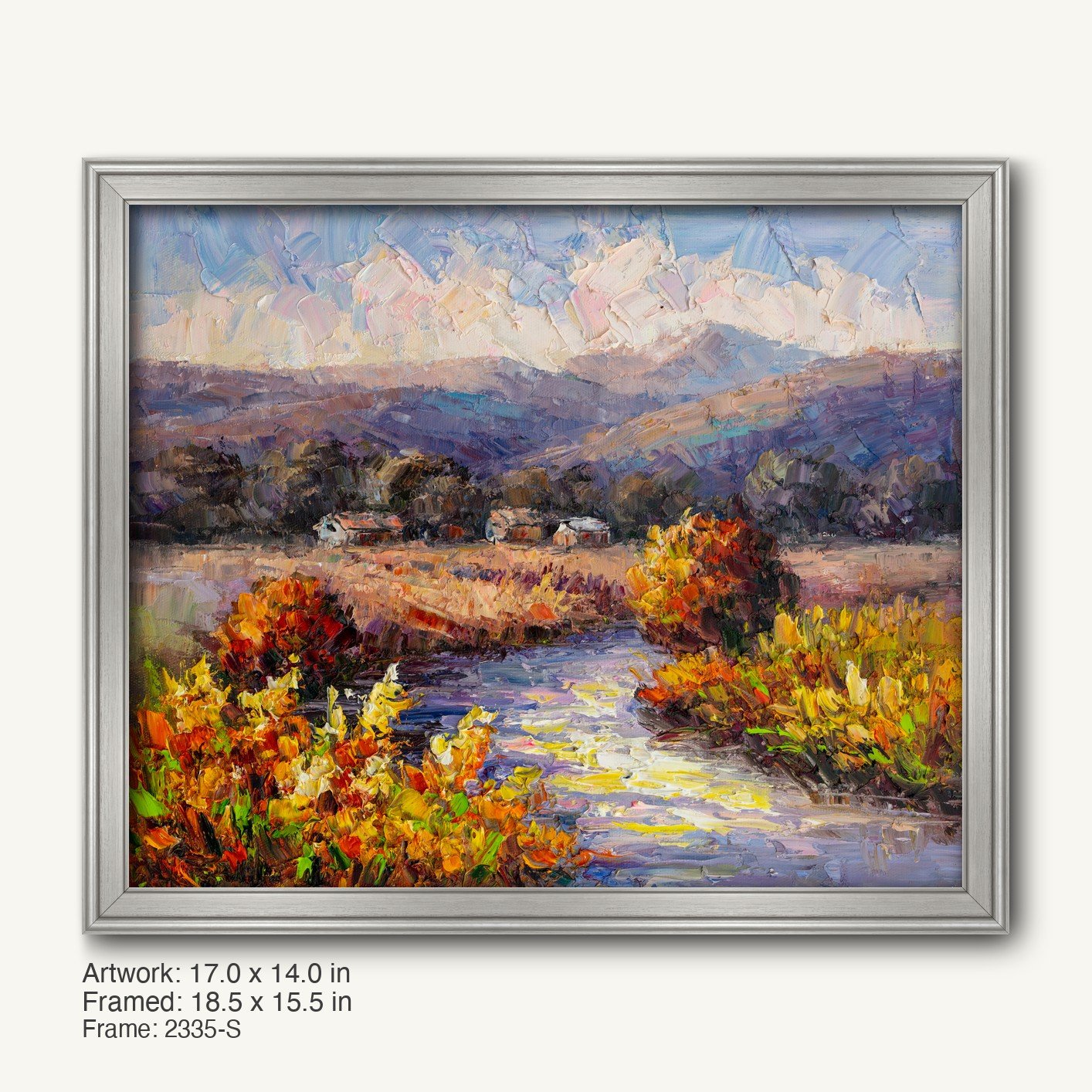 Serene autumn river scene in oil on canvas, framed in a cool silver modern slim frame with subtle texture, showcasing vibrant fall foliage and reflective water under a soft sky