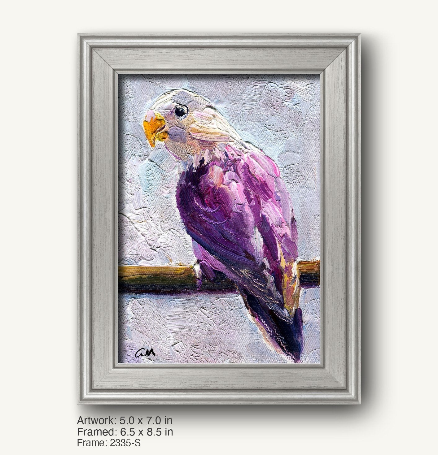 Textured oil painting of a purple parrot by George Miller in a silver-toned classic frame, vertical composition with visible brushwork and signature