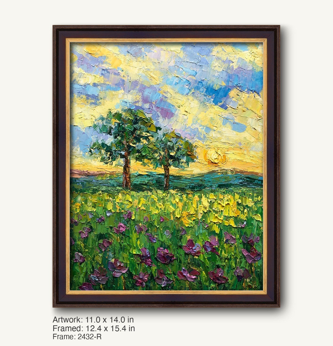 Hand-painted spring meadow landscape in a dark wood frame with gold inner edge, featuring vibrant green fields, purple flowers, and a textured sky