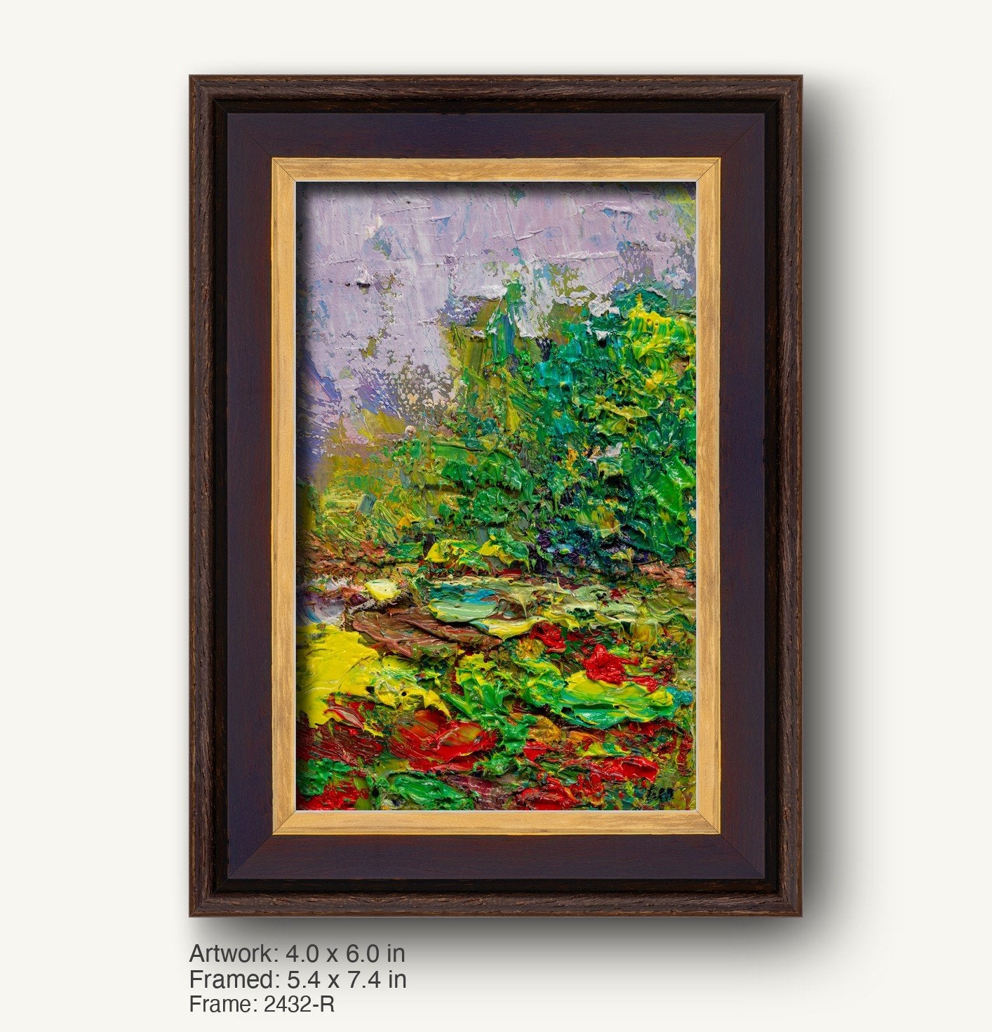 Vibrant expressionist garden scene in oil on canvas, framed in dark wood with gold inner liner, vertical composition showcasing lush greenery and bold reds and yellows