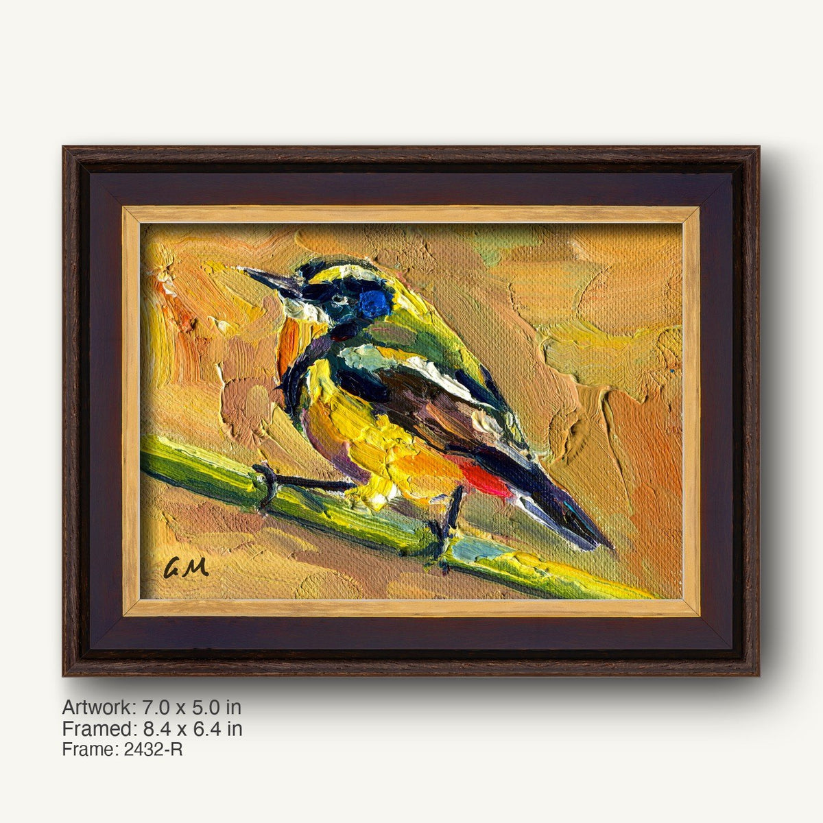 Vibrant oil painting of a colorful bird perched on a branch, framed in dark wood with a warm gold inner mat, showcasing rich textures and bold colors.