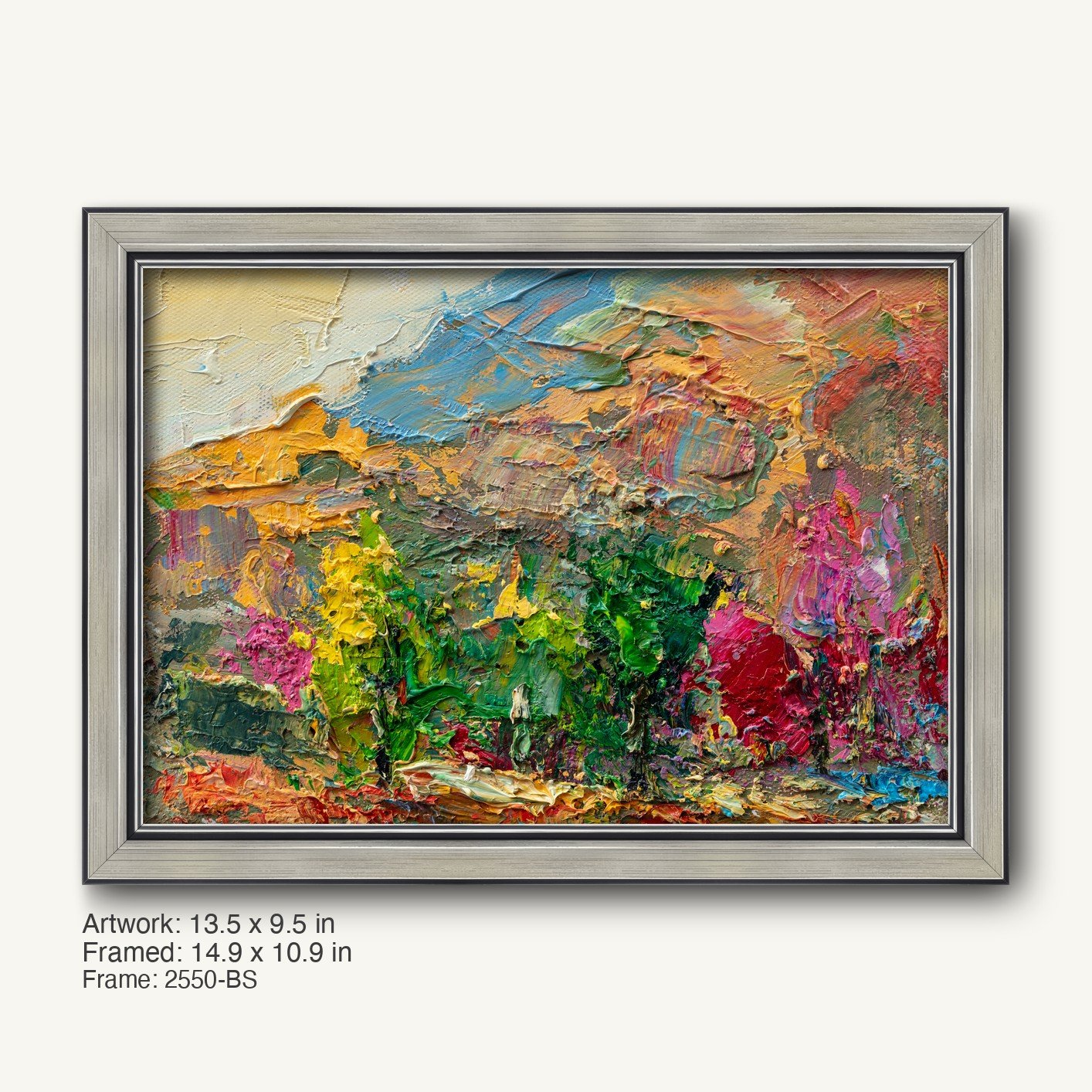 Vibrant abstract landscape painting with thick impasto oil texture in warm gold frame, featuring bold greens, yellows, and reds on canvas